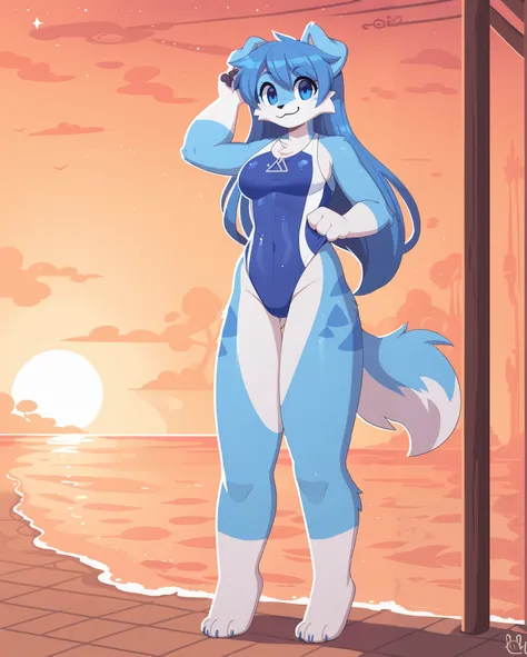 female furry dog, blue fur, smiling, swimsuit, long hair, attractive, alone, standing