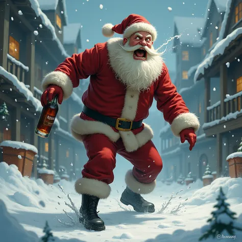 Santa Claus is drunk, staggering around with a rum bottle in his hand, yelling loudly