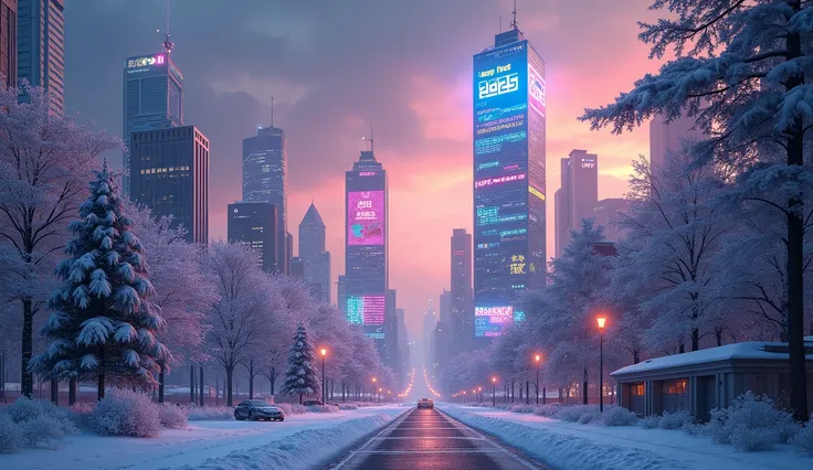 a scene of morning dawn in the city, cityscape, big LED screens are displaying Happy New Year, 2025, Pay Parking, City Bank and Hotel, neon lights, trees covered by snow, winter foliage, snowmen, snowy ground, beautiful atmosphere, 8k, photorealistic, vibr...