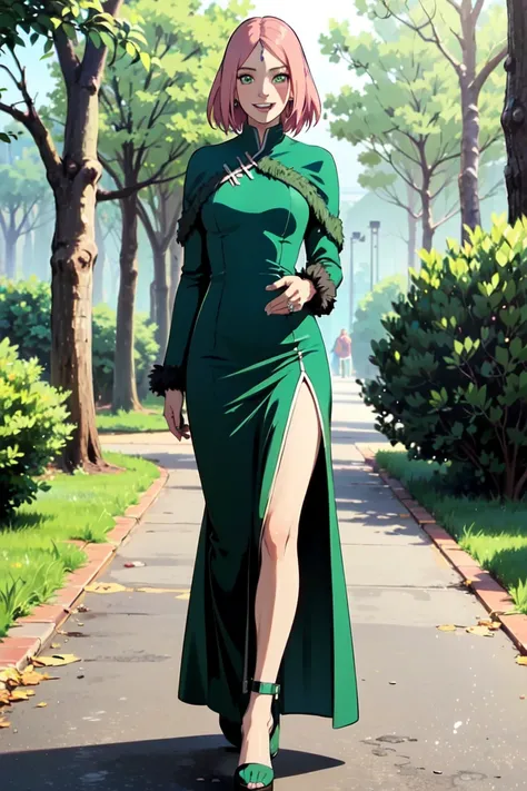  , green fur coat amazing realistic transformation  , Best quality, Sharpness, 1 girl,Sakura Haruno, Long pink hair  , green eyes ,(   dark blue diamond wool in the front :1.  The whole body  ,(,(1.2), full body, Medium breasts , ,  green dress, long ornat...