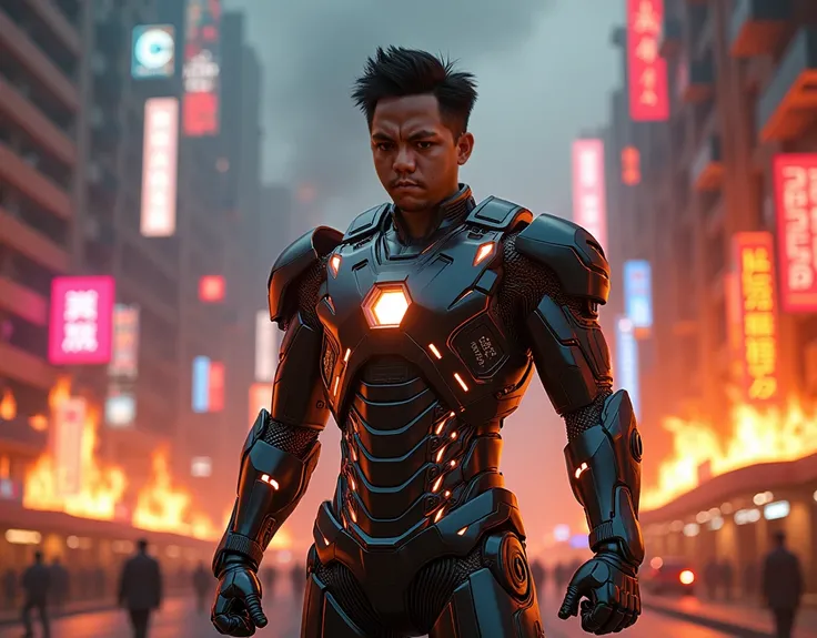 Asian Man as a iron man, background burn city in the night