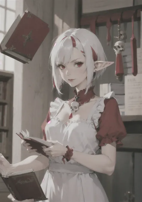 elf woman, middle-aged, white hair with red streaks,short hairstyle, red eyes,cheekbones, with a book, red shirt with a frill and a skull brooch, in a medical gown,strict