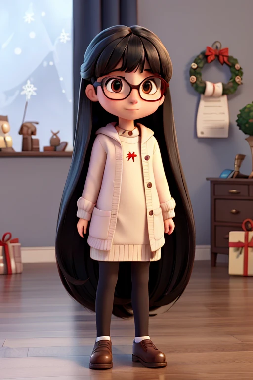 image full width, full height, Girl with glasses, very straight and long black hair, with bangs, happy opening Christmas presents
