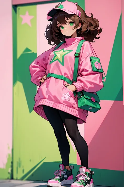 A young woman with messy curly brown hair and a pink cap turned backwards. She has a calm expression and bright green eyes. Shes wearing an oversized pink sweater with a prominent star graphic, black leggings, and green high-top sneakers. A green crossbody...