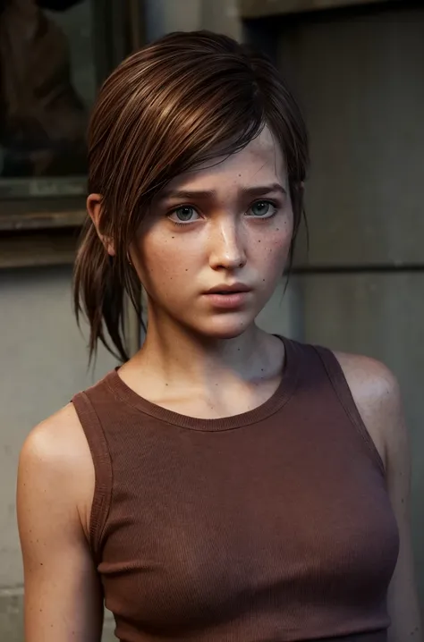 hyperealistic contrasted photo, portrait of 
 , ellie from the last of us, low ponytail,
turn head (look at the viewer, eye contact:1.3) (face closeup:1.5)
red fancy balenciaga trapezoid dress
(parted lips:1.1)
(upper body:1.5) (contrapposto:1.3), profile,...