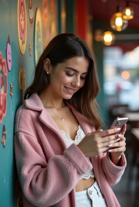 Ultra-realistic 4K HDR photo of a young Turkish woman (classic Turkish features, almond-shaped brown eyes, soft arched eyebrows, a small straight nose, full lips without lipstick) captured from a distance as she leans against a beautifully designed wall in...