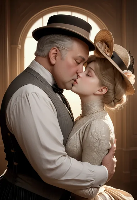 a beautiful young blonde girl of 14yo in an elegant Gibson Girl style dress and wide-brimmed picture hat, passionately kissing an older overweight gentleman of 75yo, detailed facial features, realistic skin textures, intricate clothing folds, dramatic ligh...