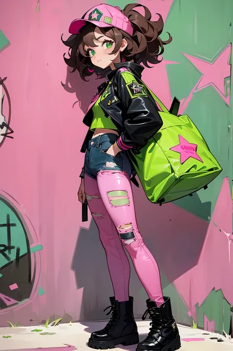 A young woman with messy curly brown hair styled under a pink cap turned backwards. Her bright green eyes have a calm but confident expression. Shes dressed in a cropped pink leather jacket with a star patch on the back, black ripped skinny jeans, and gree...