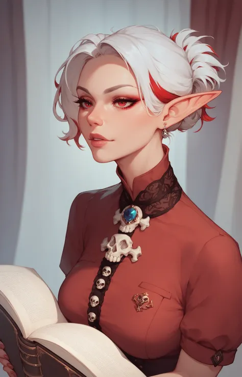 elf woman, middle-aged, white hair with red streaks,short hairstyle, red eyes,cheekbones, with a book, red shirt with a frill and a skull brooch, in a medical gown,strict