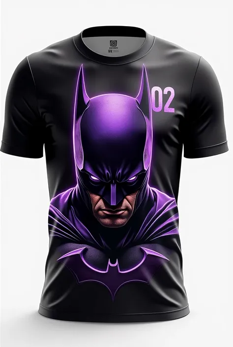 Draw a black sports shirt, showing the "front and rear views" . At the front, there must be a batman close up portrait in purple, with menacing details like glowing lights, centralized. on the right side of the chest, print &#39;02&#39; in bold, athletic-s...