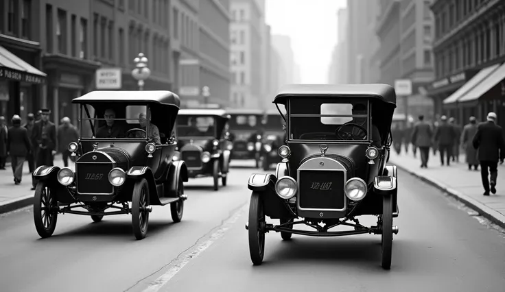 "Multiple Model T cars driving on a bustling American street in 1918, each with visible drivers. The scene showcases the dominance of these cars on the roads, with traffic moving actively and people walking along the sidewalks. The street is lined with ear...