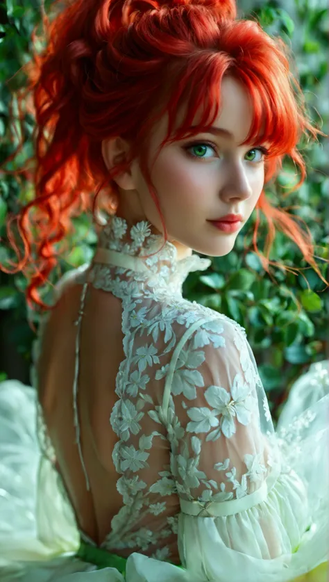 Full body shot, looking at viewer, highly detailed,  stunning young woman with beauty beyond compare, crimson red hair styled in a high ponytail with bangs, lime green eyes, pretty face, gorgeous face, wearing a revealing see-through white silken blouse, m...