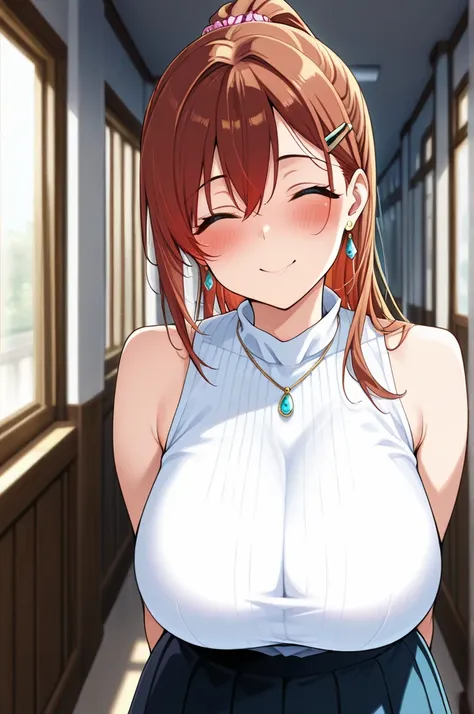 masterpiece,best quality,amazing quality,1girl, skirt, breasts, shirt, solo, jewelry, hair ornament, ponytail, huge breasts, bare shoulders, earrings, closed eyes, hairclip, smile, long hair, indoors, brown hair, blush, standing, red hair,hallway,