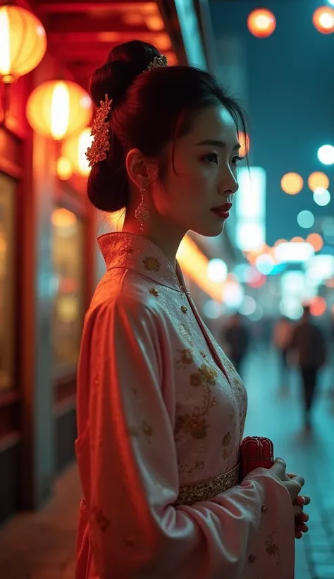  graceful and luxurious ， in a stylish costume ， It looks like a stream of water 。 ， She wears a retro and delicate hair bun ， Under Wong Kar-Wais cinematic photography style {x} carrying a period fashion pouch on her hand {x} white and flawless The skin e...