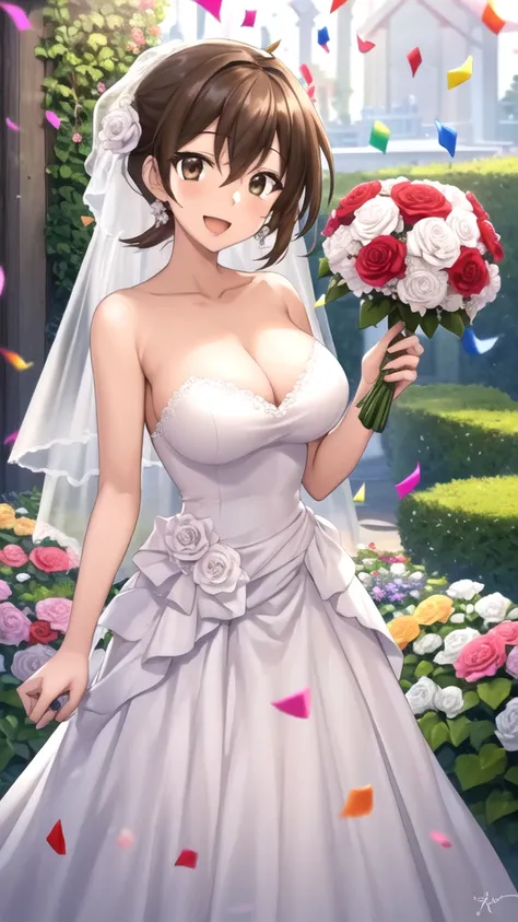 masterpiece, best quality, high quality, girl, solo, looking at viewer, issei_hyoudou, brown hair, brown eyes, hair between eyes, large breasts, wedding Dress, standing, garden, confetti, holding bouquet, smile, open mouth,