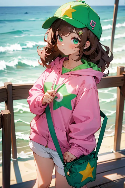 A young woman with messy, curly brown hair spilling from under a backward pink cap. Her bright green eyes have a relaxed, calm look. She’s dressed in a cropped pink zip-up hoodie with a star emblem on the chest, white shorts, and green flip-flops. She carr...