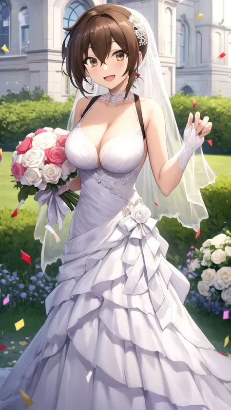 masterpiece, best quality, high quality, girl, solo, looking at viewer, issei_hyoudou, brown hair, brown eyes, hair between eyes, large breasts, wedding Dress, standing, garden, confetti, holding bouquet, smile, open mouth,