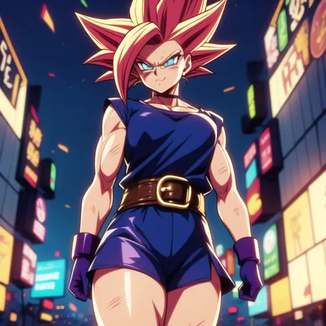 dbsuper style, 
Petite Girl, green aura, super saiyan aura, belt, purple colored hair, huge hair, bruise, bruise on face, clenched hands, frown, Mages hat, gloves, blue eyes, grey gloves, evil grin, medium breasts, petite, soft muscles, solo, spiked hair, ...