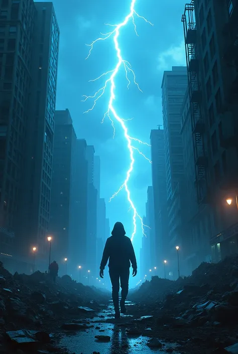 The city was destroyed with a blue sky full of lightning 