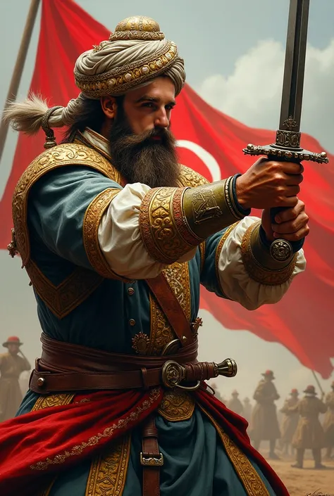 An Ottoman dervish with intricate turban, aggressive, fighting with kilij sabre, dynamic pose, dueling stance, with Islamic takke and sarik behind the head, painting style. Rich clothes, colorfull with gold, battle equipment, flag of the beogradski pashalu...