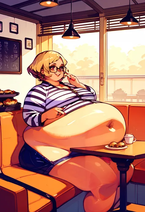 One woman, (quirky woman),, sitting at a booth in a cafe, unzipped skirt, ((fat belly resting on table top)), striped v neck shirt, large black square glasses, nose ring,  thick blonde hair, shrugging and smiling,  volumetric and specular lighting, saggy b...