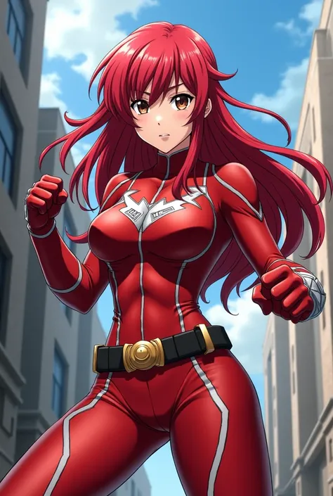  My Hero Academia style ,   anime girl , woman, young woman ,  full body shot ,( Fighting Stance :1.3),Long Hair,  red hair,  brown eyes , hero suit, Full Body Suit,  red suit with white details, perfect anatomy,  enhanced abs , super detailed,(building:1....