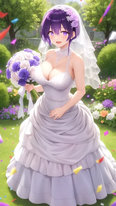 masterpiece, best quality, high quality, girl, solo, looking at viewer, yuuki_izumi, purple eyes, purple hair, large breasts, wedding Dress, standing, garden, confetti, holding bouquet, smile, open mouth,