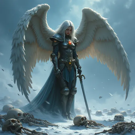 A fallen angel with shattered wings and eyes that burn like dying stars stands atop a frozen battlefield. Her once-holy armor is cracked and tarnished, her sword embedded in the ground as a storm of ash swirls around her. The skeletal remains of her enemie...