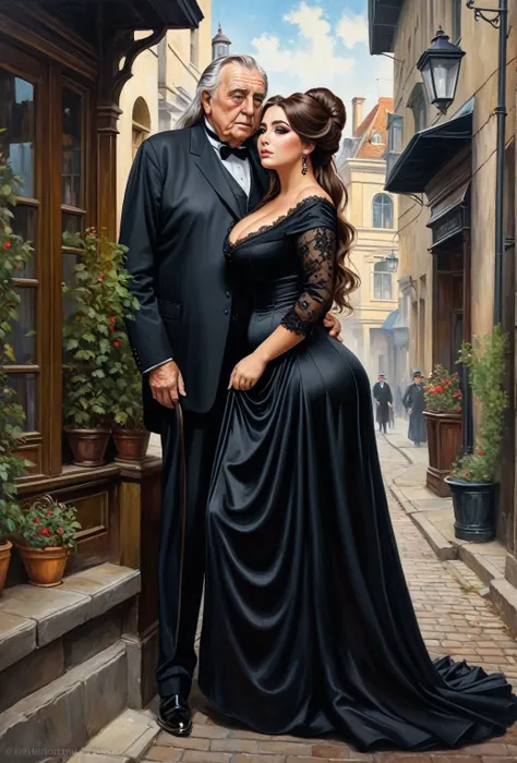 Full body view, Anastasia Kvitko as a  voluptuous buxom, fully figured, very long hair, brunette, pretty victorian widow in a black dress standing the corner of a street hugging  seductively with an elderly gentleman, oil painting 