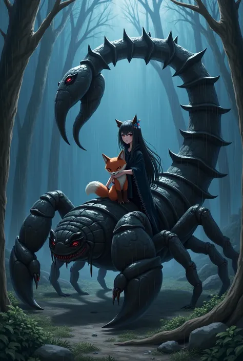 a giant scorpion-shaped shadow monster with thorns all over its body and legs, made of pure darkness, with multiple eyes on its front, looking at the camera, no mouth, two fangs on the tip of its tail, and a big thorn on its back shaped like a throne. whil...