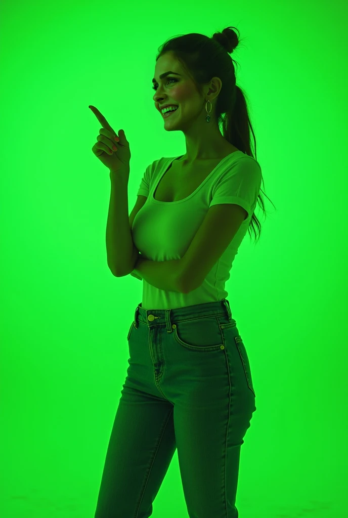  image of a woman smiling lightly and pointing to a coma,  everything around her will be uniformly neon green , She will wear normal clothes  