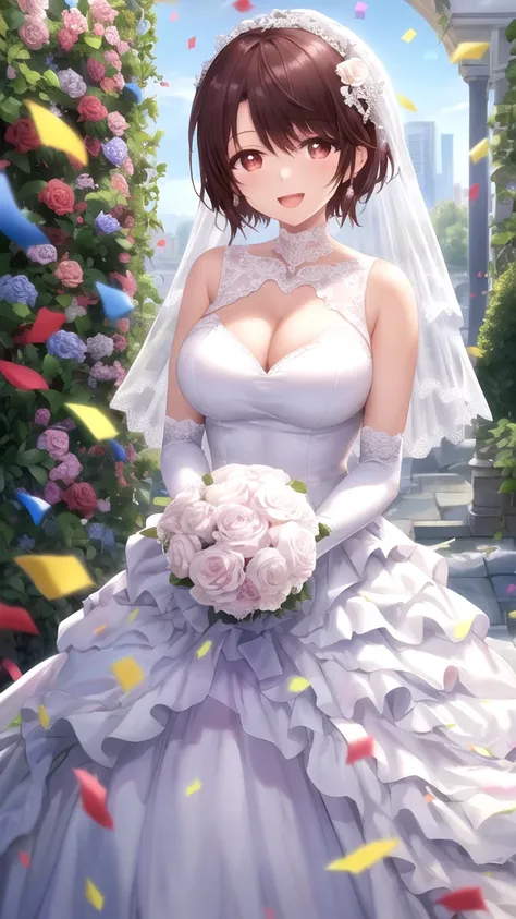 masterpiece, best quality, high quality, girl, solo, looking at viewer, yuuta_kadowaki, large breasts, wedding Dress, standing, garden, confetti, holding bouquet, smile, open mouth,