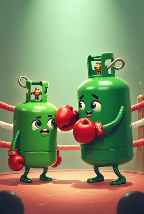 Two gas cylinders on a boxing ring, the one who loses is green, the one who wins is bigger and the color green, they have arms and a cartoon face. 