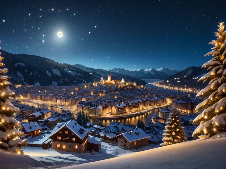 A grinning brown bear sits and looks at the illuminated old town 1000m away. The bear can be seen from behind, slightly wet. Picturesque winter Christmas setting and snowy trees. Picturesque winter Christmas old town with Christmas decorations and warm gol...