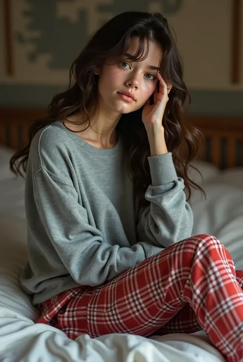 girl wearing gray loose sweatshirt with red and white plaid pants lying on a bed with a sweet look