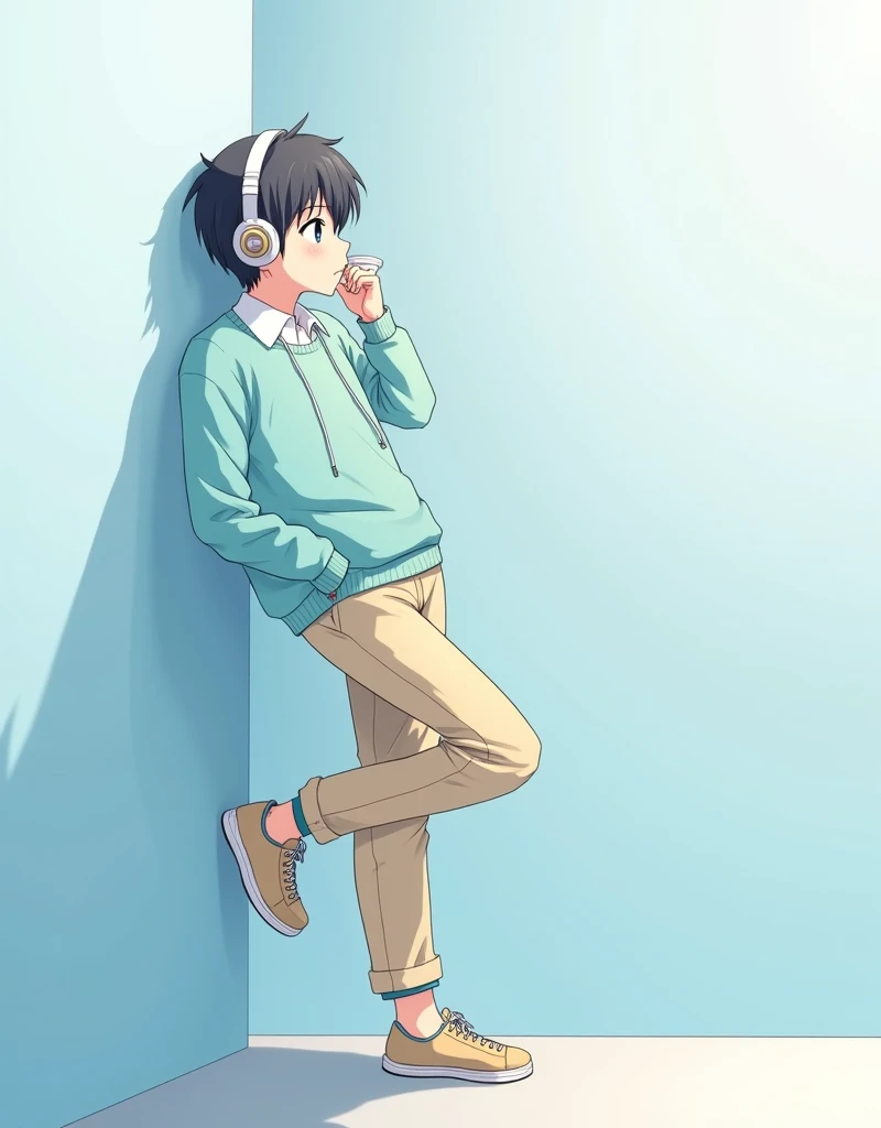 "An anime-style illustration of a young individual leaning back against a wall with one foot propped up. They are dressed in a sky-blue sweater and beige pants, with beige sneakers. Headphones are over their ears, and they hold a drink in one hand. The bac...