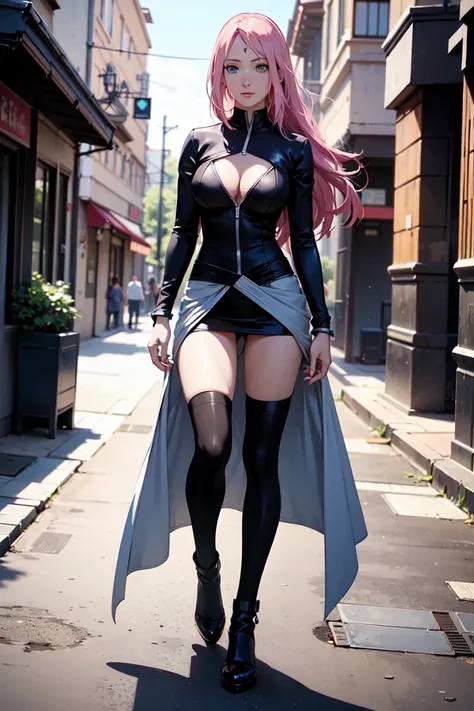  ,Amazing realistic , Best quality, Sharpness, 1 girl,Sakura Haruno, Long pink hair ,Green eyes,(  of dark blue diamonds on the forehead1 ., full body1 .5),(sexy body,Medium breasts walking alone, ) is a mature woman  (adult), sexy body, Perfect body,  Ver...