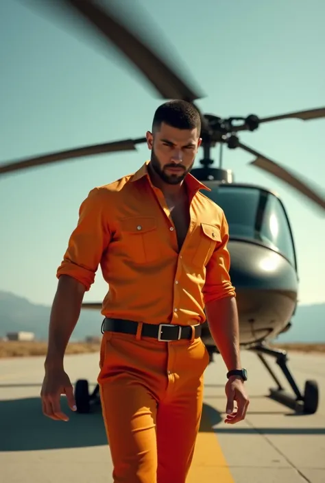 A man wearing an orange shirt and orange pants takes a helicopter that is about to fly him and another criminal steals my helicopter 