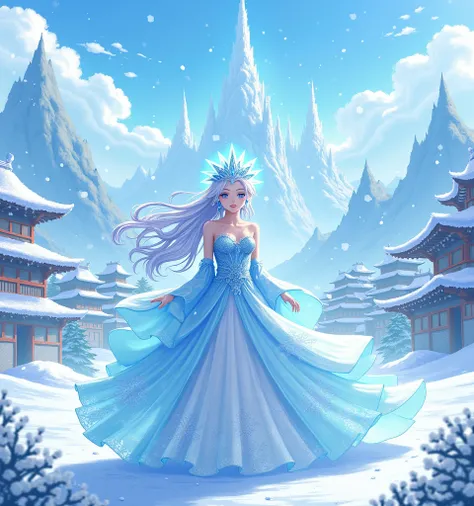 Goddess Freia anime  ,  ice city with snow in the background ,
pixel art anime 