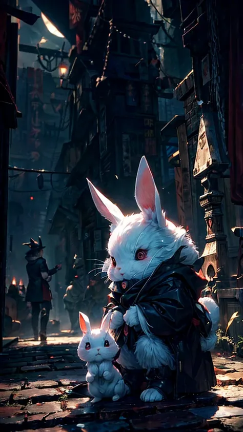 a cute and sweet little white rabbit, black shadow of a giant, scary and monstrous evil rabbit in the background, horror environment