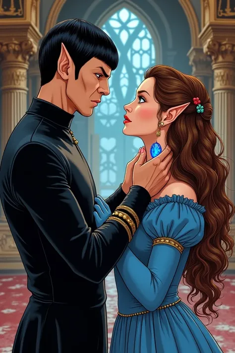 Spock from Star Trek with pointy ears and brown eyes, wearing a medieval black tunic, he places a blue jewel around his wifes neck, with long curly brown and curly hair and green eyes and small pointy ears, wearing a medieval blue dress in the background, ...