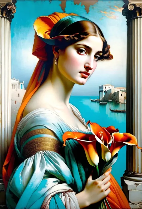 Young Greek Girl,  complex detail, Aged canvas, “girl with callas”  (in the style of Raphael, depicted in oil on canvas),
 A beautiful woman is depicted,  holding a bouquet of colorful callas, Background in gloomy tones, dressed in a pale azure dress ,
 am...