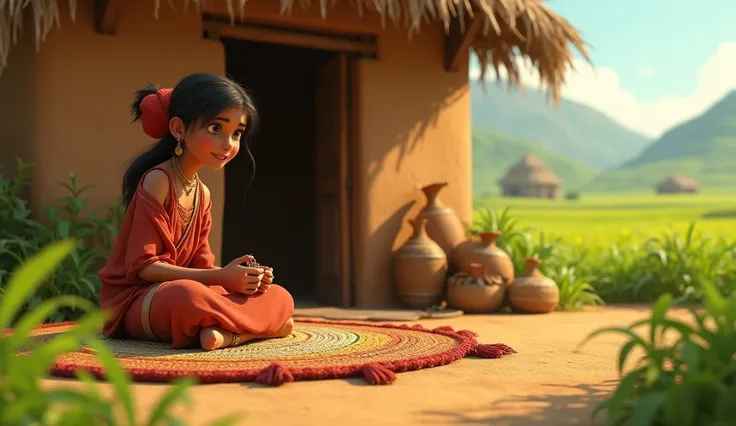 "A humble mud-walled house with a small courtyard, surrounded by lush green fields. Amina, a young woman in simple traditional attire, is sitting on a charpai (woven bed) with embroidery work in her hands. Her expression is content and peaceful. Designed i...