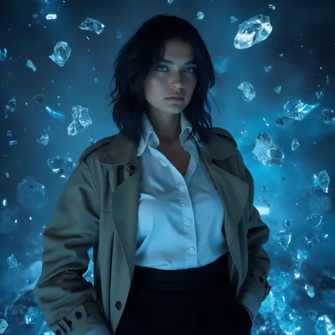 (best quality, masterpiece),(1girl, trench coat,expression face, blue eyes, looking at viewer, black hair, closed mouth, dress shirt, black skirt, hand at viewer), (less blue light, swrling many blue glass pieces behind, floating objects, night sky)