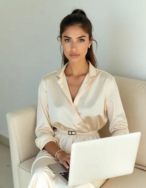  best quality , Woman of exuberant beauty, latina, light brunette,  approximately 35 years , sentada em um sofá de cream-colored ,  with a white laptop on her lap .  She wears a long-sleeved blouse , cream-colored ,  of soft and slightly shiny fabric ,  wi...