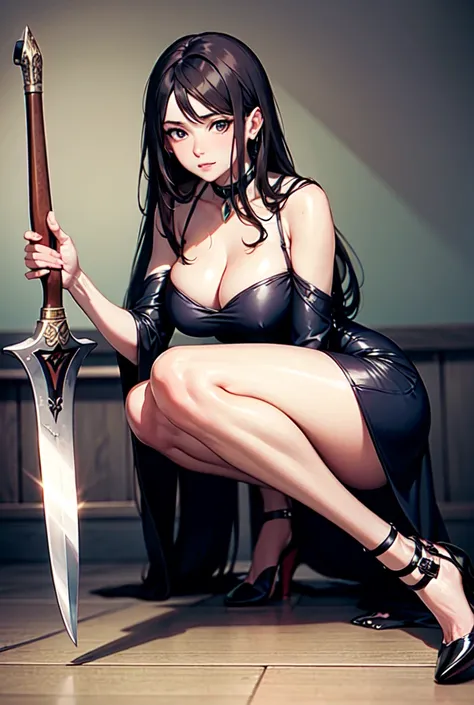 The realistic representation of the chess queen with anthropomorphic features and armed with a sword and medieval armor, heroic pose, with legs valkiria