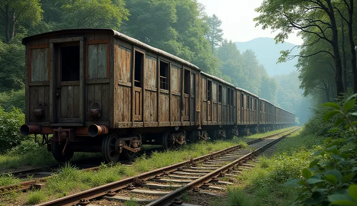 Old wooden railway carriages on a railway track