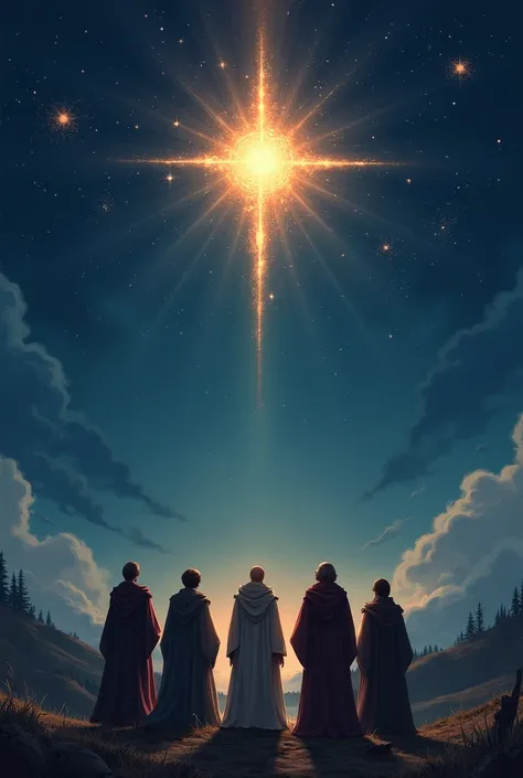 The magicians seeing the star in the sky ,  looking in amazement and heading towards it