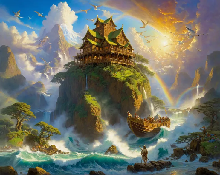 動物と虹のあるNoahs Arkの空撮画像, Noahs Ark, Darrell K. Sweet ,  A Breathtaking Masterpiece of Art ,  fantasy painting HD ,  Biblical Epic Description , Biblical Painting , Arthur Pang,  Epic Surrealist 8K Oil Painting , 8K HD Detailed Oil Painting ,  Amazing Art ,  ...