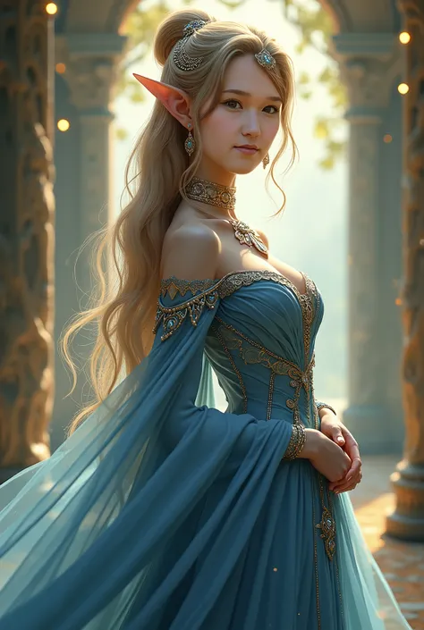 a woman in a blue dress and tiable posing for a photo, beautiful and elegant elf queen, beautiful elf with ornate robes, 8k high quality detailed art, beautiful fantasy maiden, beautiful elven princess, fantasy gorgeous lighting, beautiful character painti...